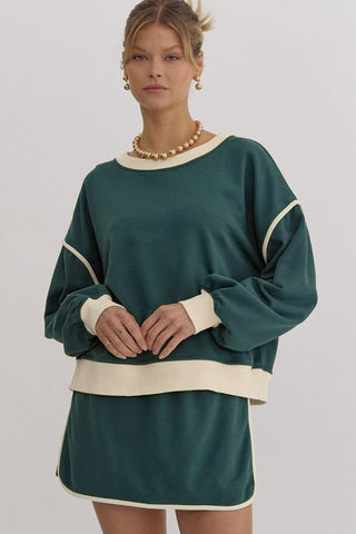 Mallard Green Color Contrast Loose Pullover and Lace-up Waist Skort Set