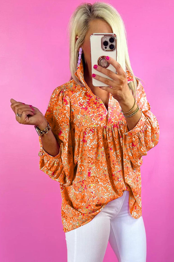 Bright Orange Abstract Floral Print Collared V Neck Babydoll Blouse