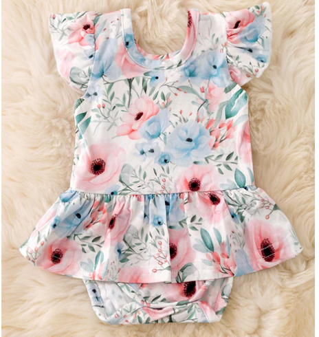 Infant Pastel Floral BAMBOO One Piece Ruffle Skirted Body Suit