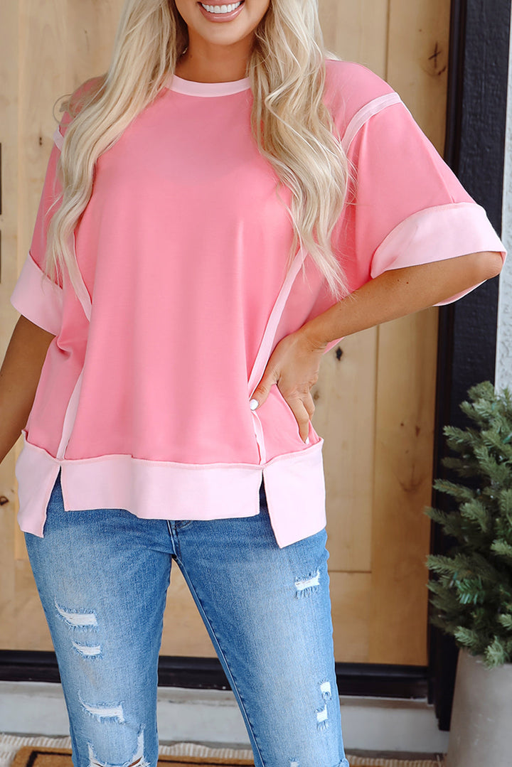 Rose Blossom Half Sleeve Raw Seam High Low Side Split Top