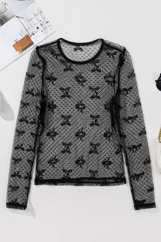 Black Sheer Lace Bow Pattern Mesh Long Sleeve Blouse