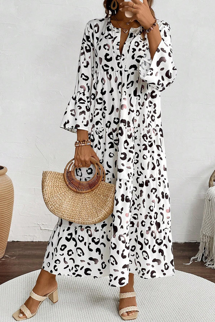 White Leopard Print V Neck Ruffle Sleeve Loose Fit Maxi Dress