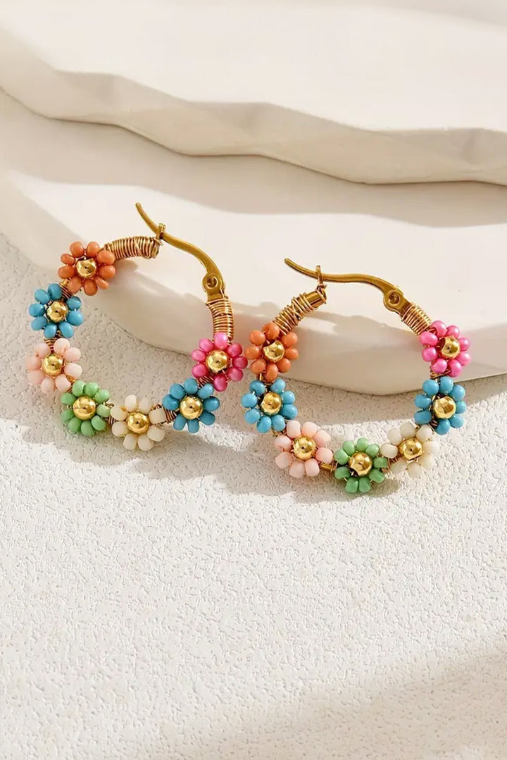 Beaded Pastel Floral Gold Tone Hoop Pierced Earrings