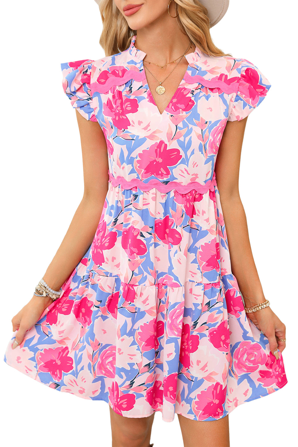 Pink Floral Printed V Neck Ric Rac Flutter Sleeve Dress