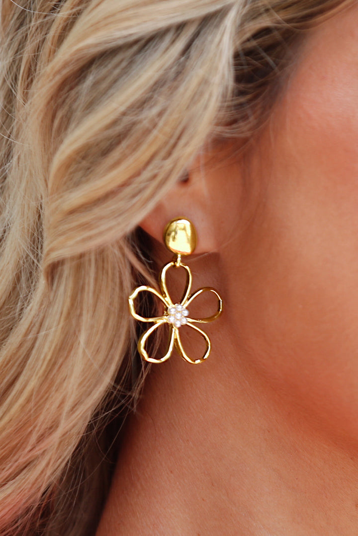 Gold Plated Dangle Flower Pierced Earrings with Faux Pearl Center