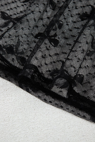 Black Sheer Lace Bow Pattern Mesh Long Sleeve Blouse