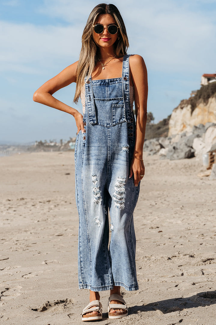 Blue Stone Washed Distressed Bib Pocket Wide Leg Denim Overall Tie Straps
