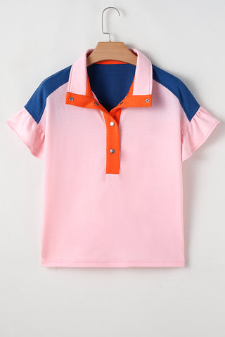Petal Pink Color Block Half Buttoned Ruffled Short Sleeve Blouse