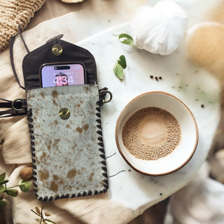 Upcycled Tooled Cowhide Phone Crossbody Bag – Brown