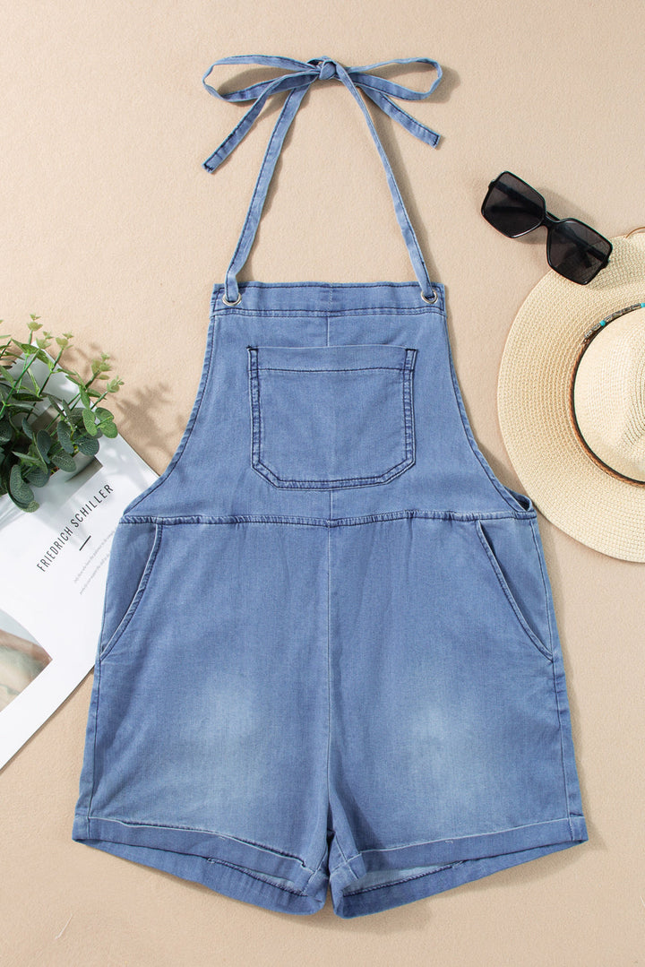 Grommet Tie Straps Casual Blue Denim Romper