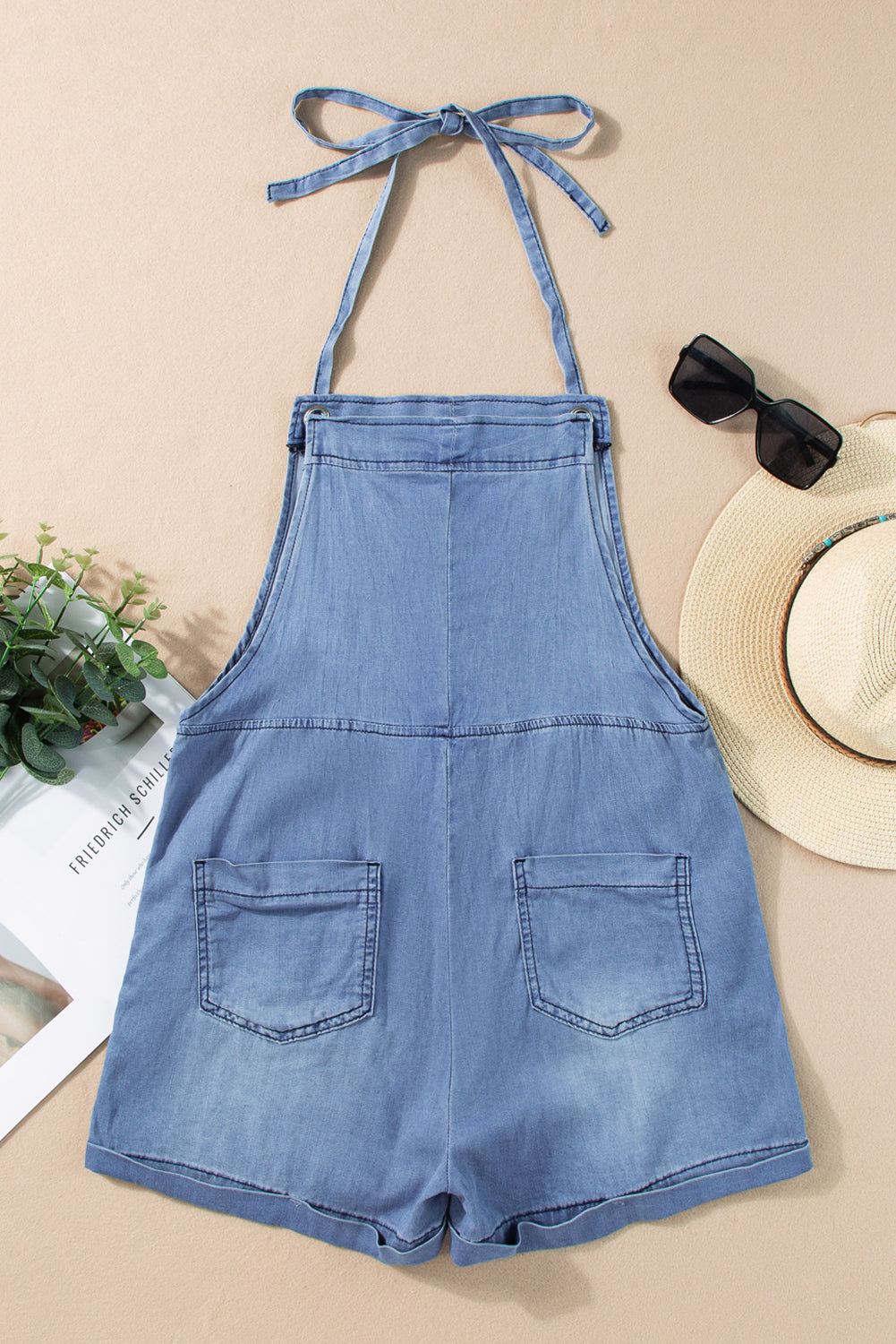 Grommet Tie Straps Casual Blue Denim Romper