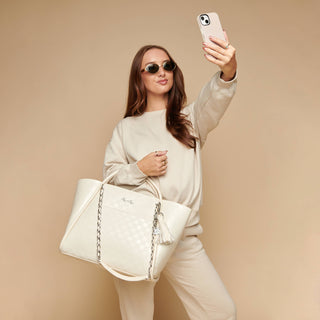 Itzy Ritzy Boss Tote Diaper Bag | Flat White Checkerboard