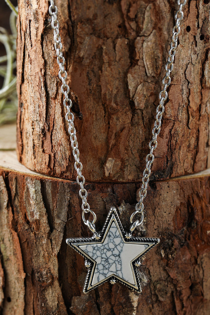 Western Cowgirl White Faux Turquoise Star Shape Pendant Silver Tone Chain Necklace