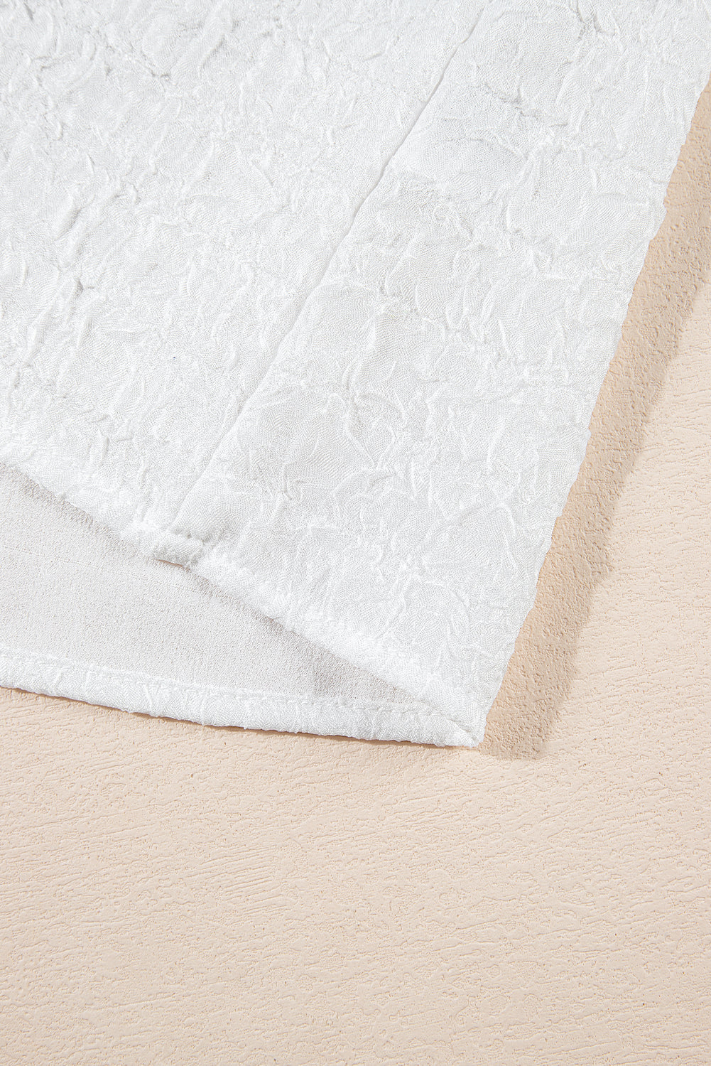 White High Collar Sequin Flower Puff Sleeve Textured Top