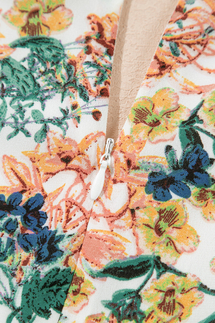 Floral V Neck 3/4 Sleeve Elastic Waist Ruffled Dress