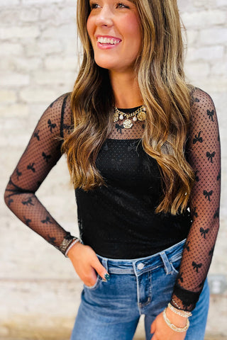 Black Sheer Lace Bow Pattern Mesh Long Sleeve Blouse