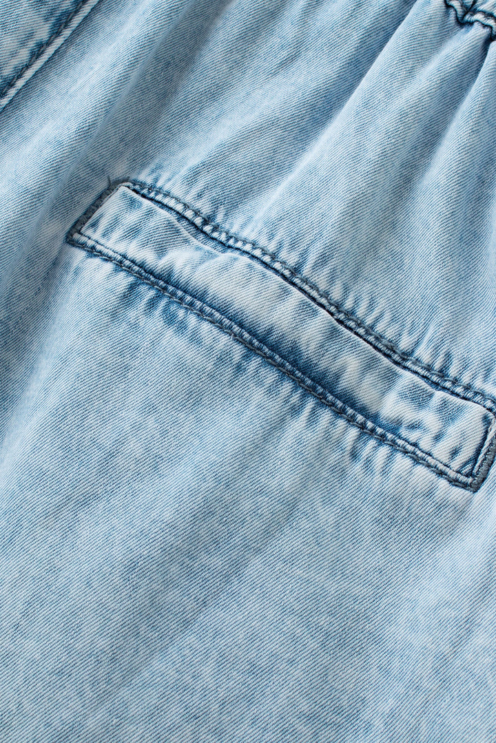 Studded V Neck Raw Hem Sleeveless Light Washed Blue Denim Romper