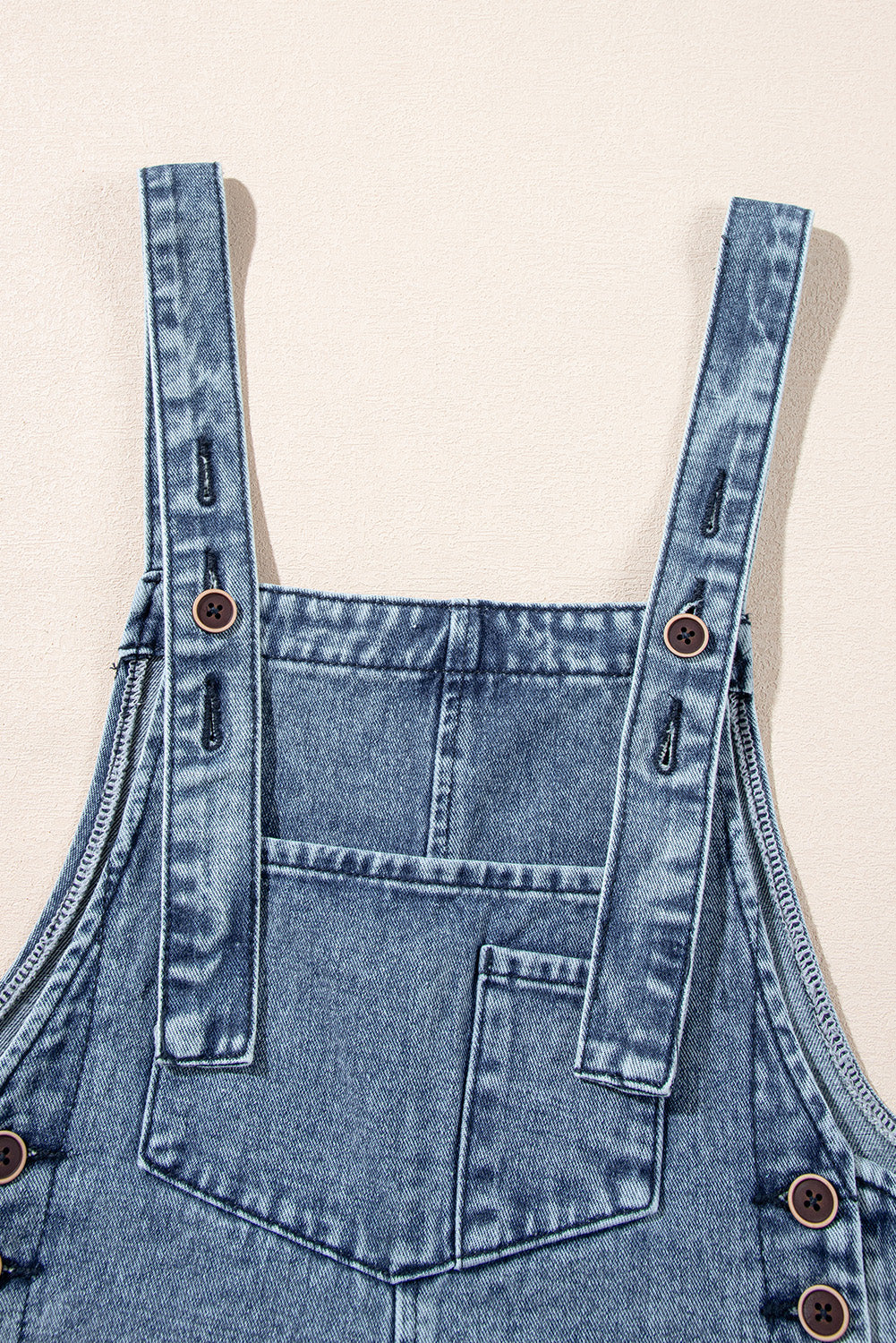 Blue Stone Washed Distressed Bib Pocket Wide Leg Denim Overall Tie Straps