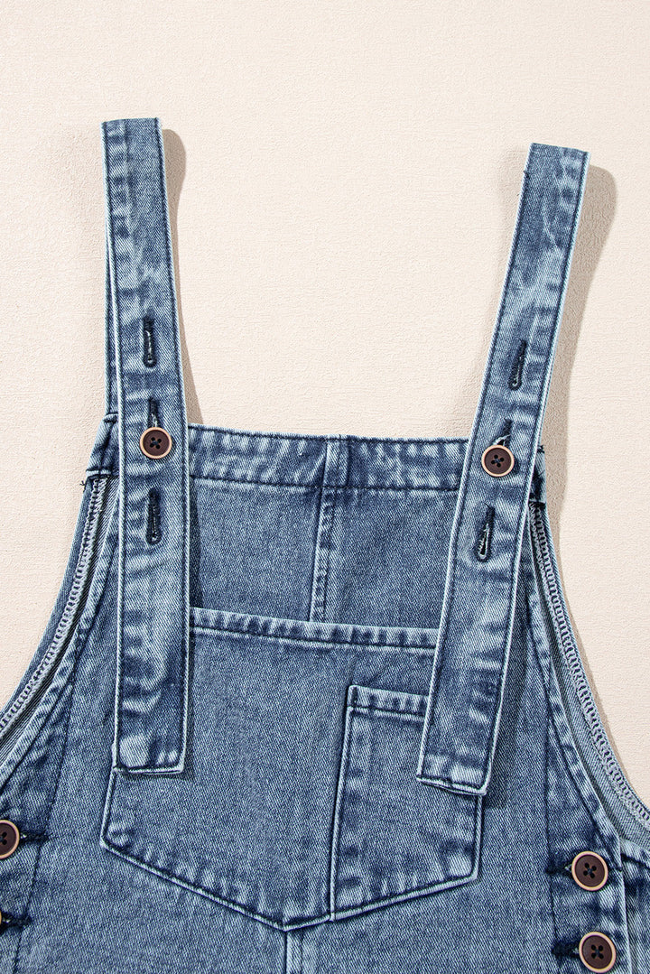 Blue Stone Washed Distressed Bib Pocket Wide Leg Denim Overall Tie Straps