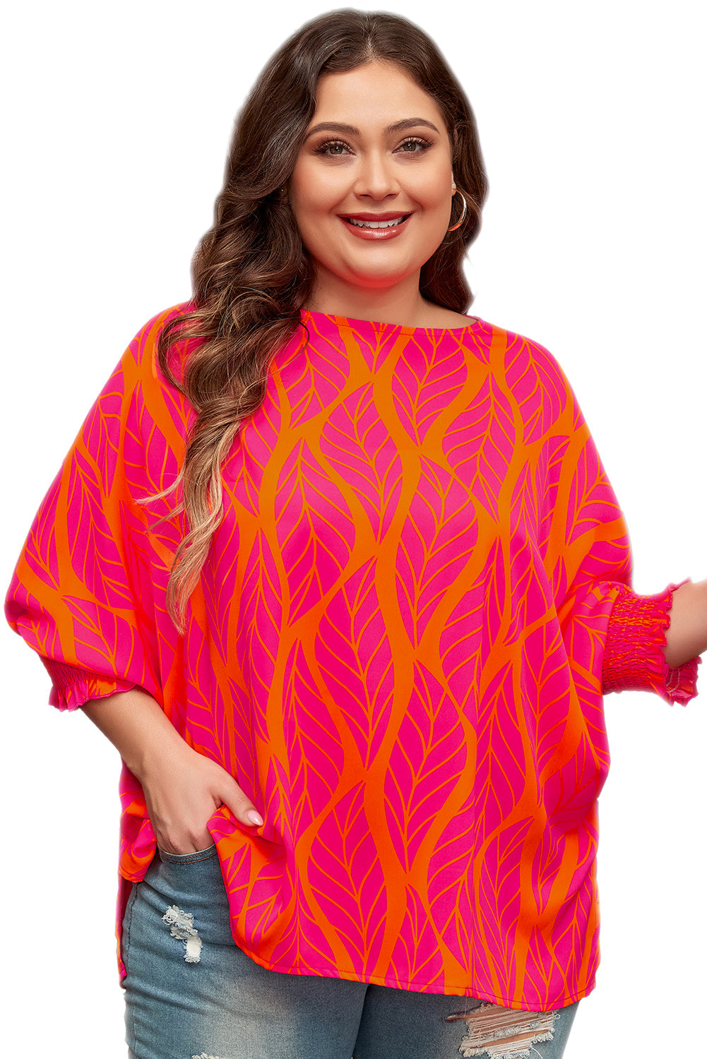 Neon Hot Pink & Orange Tropical Leaf Printed Smocked Lantern Sleeve Plus Size Blouse