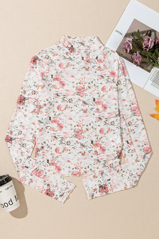 White Floral Long Sleeve High Neck Sheer Top