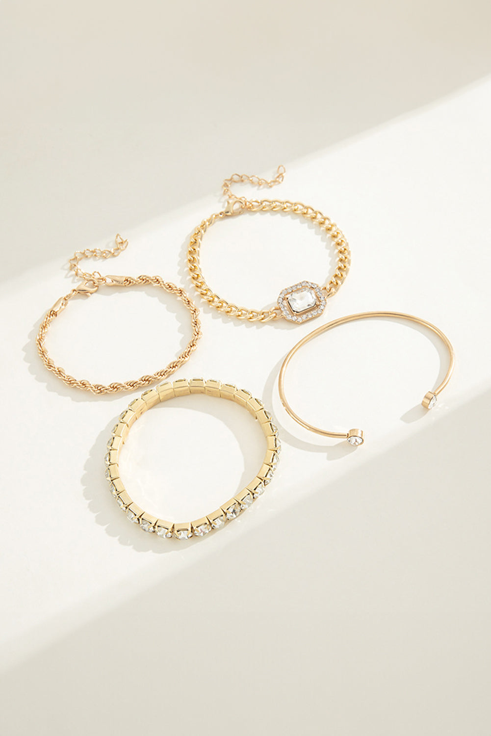 Gold Plated Rhinestone Tennis Bracelet, Bangle and Chain Bracelet Set 4 Piece