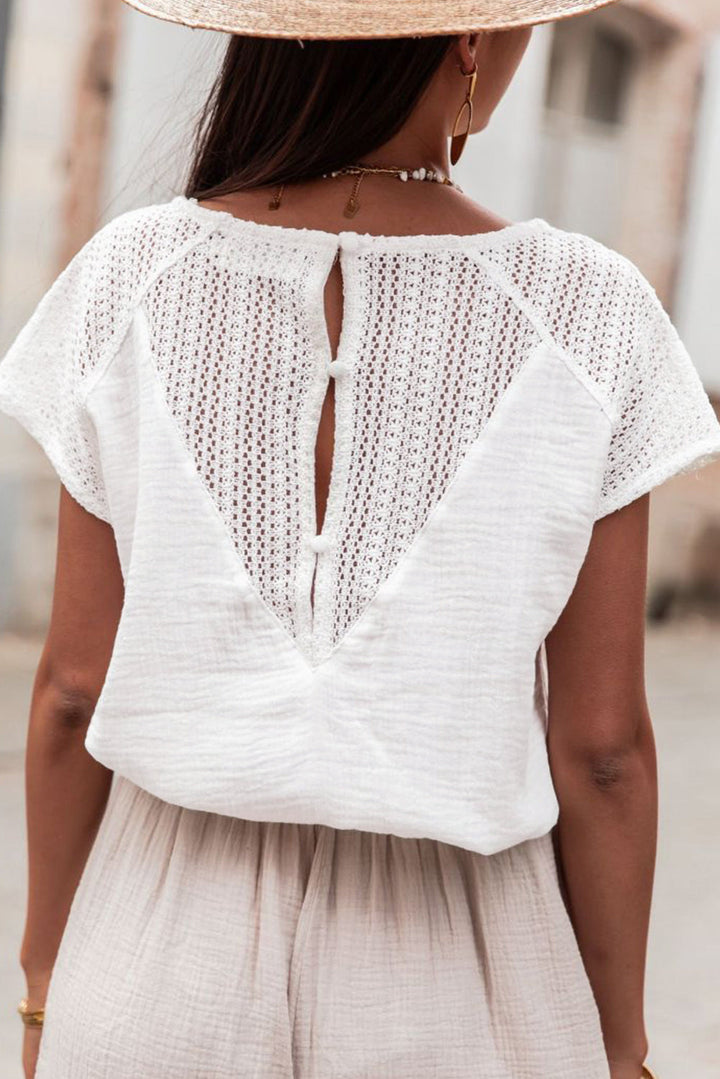 Winter White Lace Back Crochet Button Back V Neck Blouse