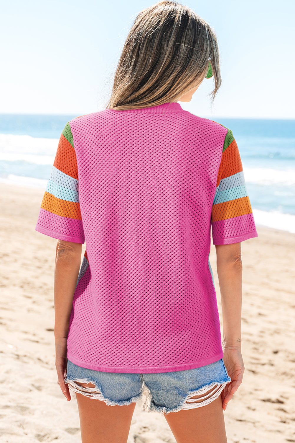 Vibrant Color Block Eyelet Casual Sweater