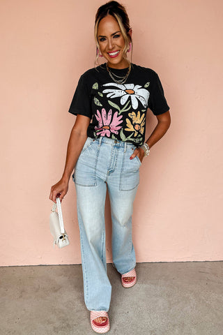 Distressed Vintage Retro Floral Print Crew Neck Casual T Shirt in Black