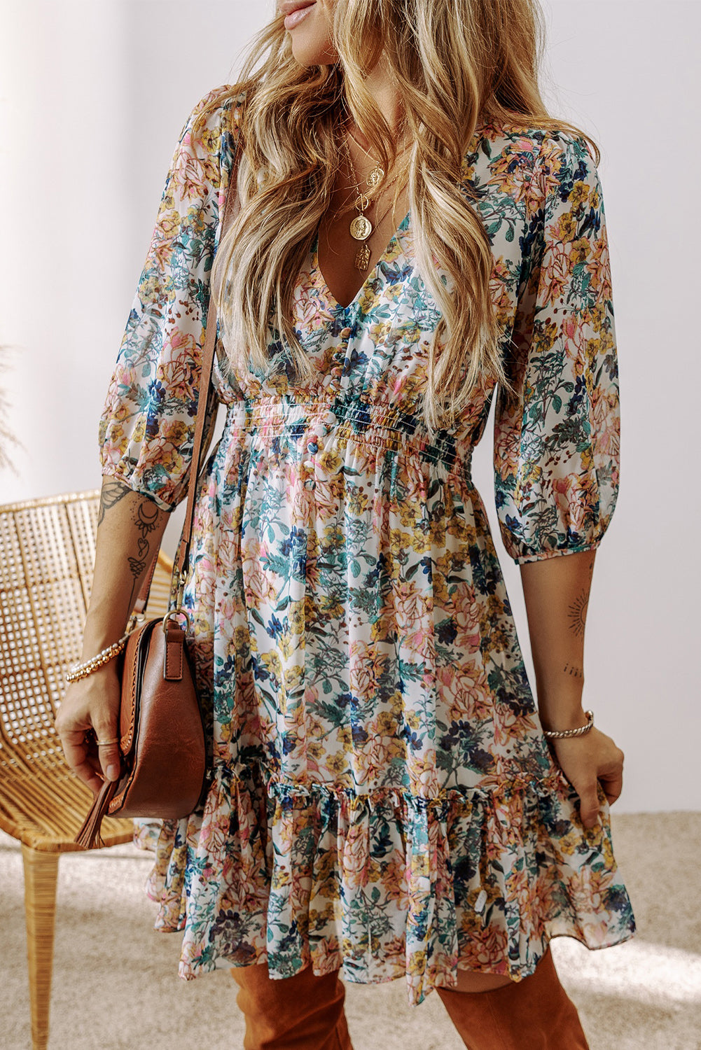 Floral V Neck 3/4 Sleeve Elastic Waist Ruffled Dress