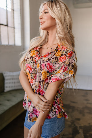 Floral Print Ruffle Collar Short Sleeve Blouse