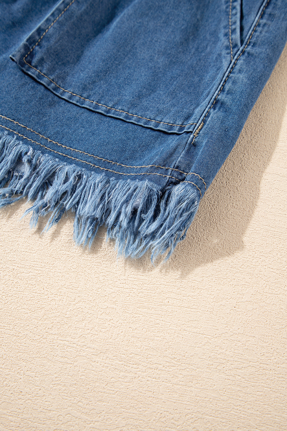 Blue Freyed Hem Drawstring High Waist Denim Shorts with Pockets Success