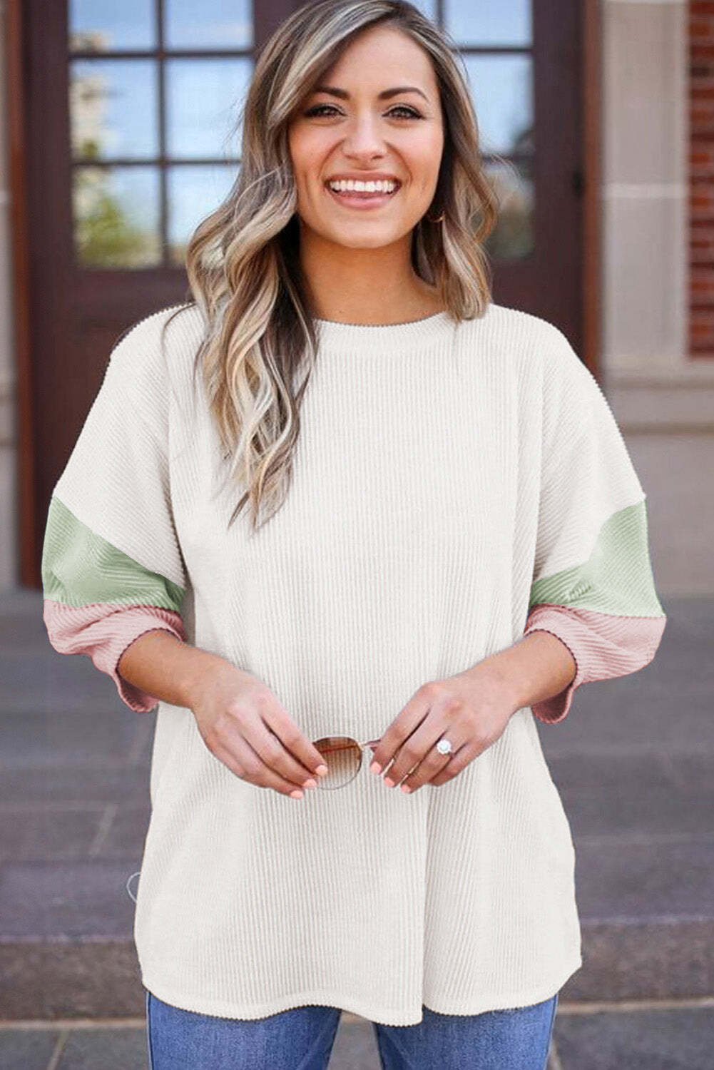 White Three-Quarter Sleeve Textured Ribbed Color Knit Top