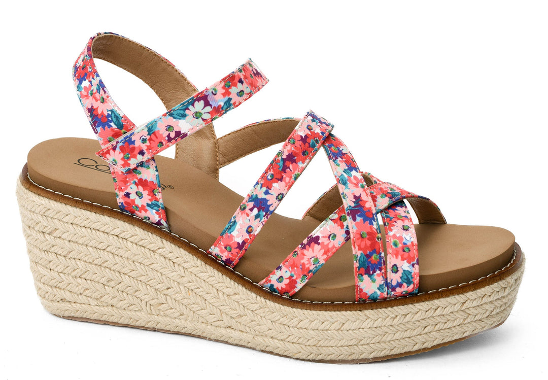 Corkys "All Nighter" Red Floral Wedge Strappy Sandal is