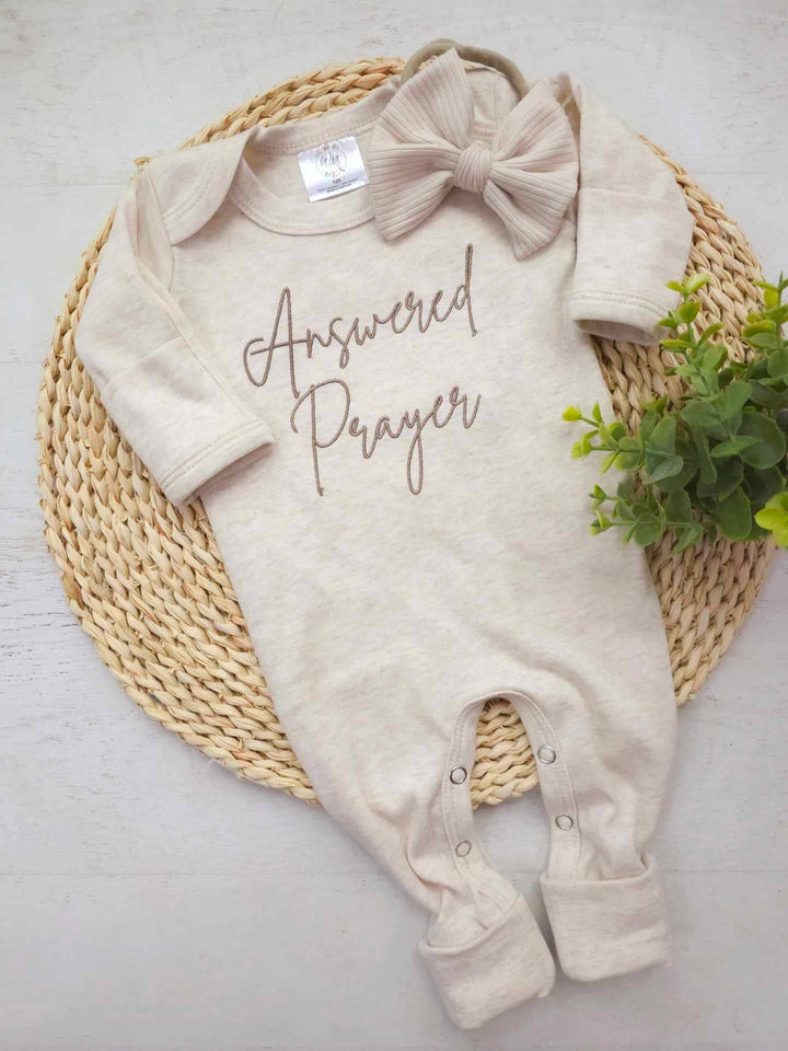 “Answered Prayer” Embroidered Onesie – Oatmeal Heather