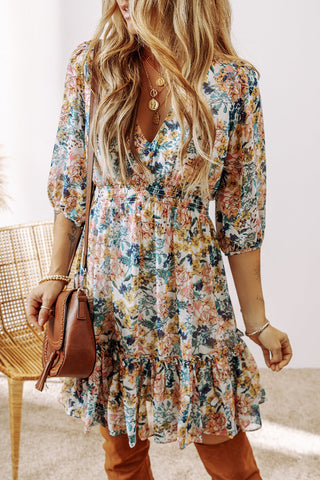 Floral V Neck 3/4 Sleeve Elastic Waist Ruffled Dress