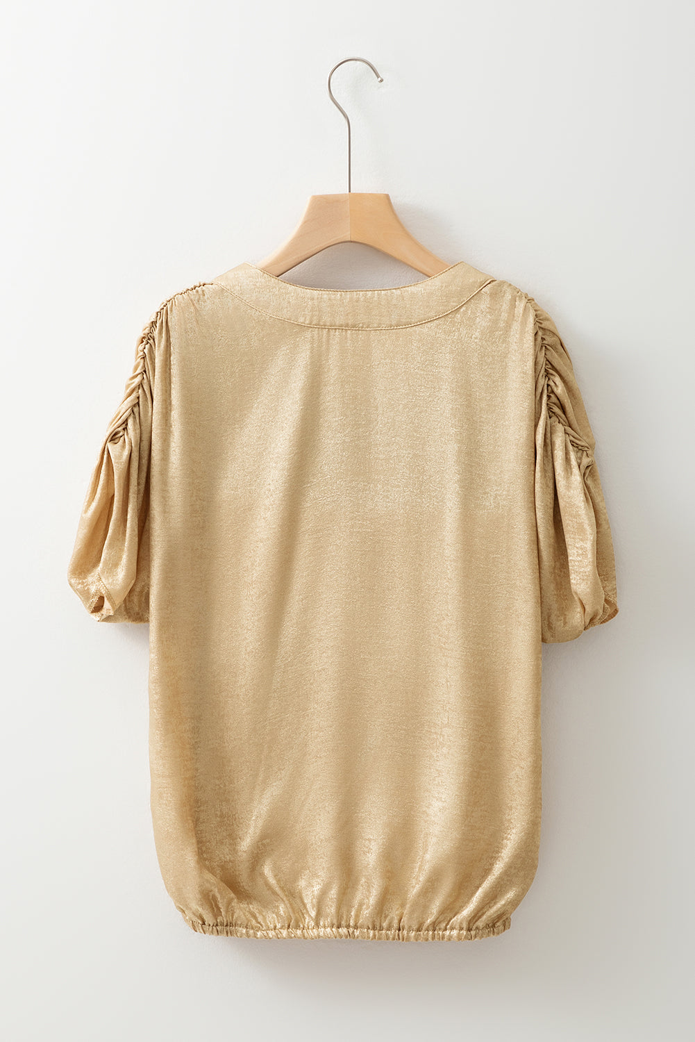 Gold Metallic Ruched Sleeve Back Knot Blouse