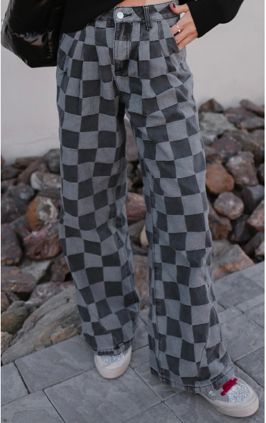 Dark Grey Checkered Denim Wide Leg Jeans