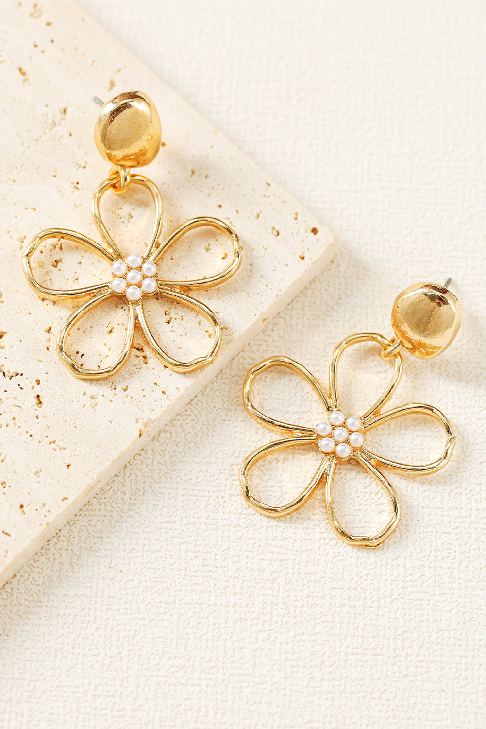 Gold Plated Dangle Flower Pierced Earrings with Faux Pearl Center