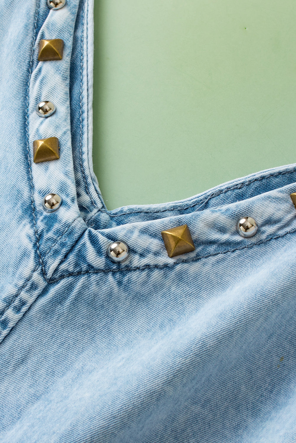 Studded V Neck Raw Hem Sleeveless Light Washed Blue Denim Romper