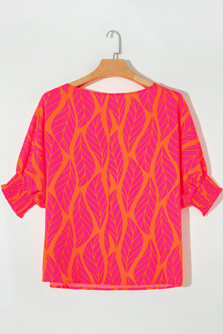 Neon Hot Pink & Orange Tropical Leaf Printed Smocked Lantern Sleeve Plus Size Blouse
