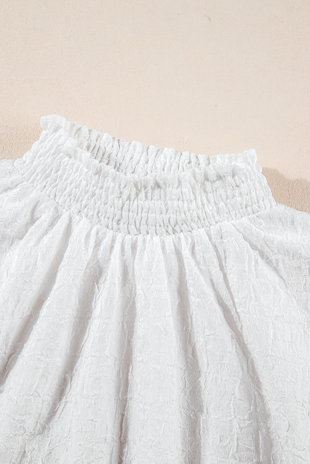 White High Collar Sequin Flower Puff Sleeve Textured Top