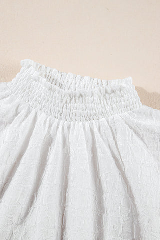White High Collar Sequin Flower Puff Sleeve Textured Top