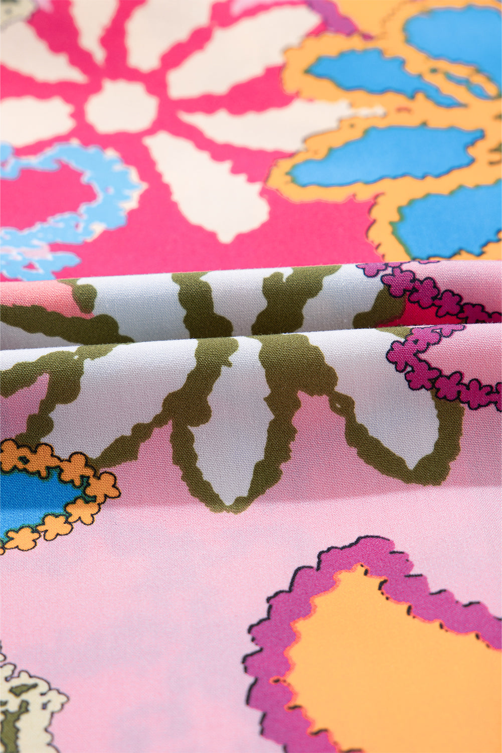 Brightly Colored Abstract Floral Print Lace Trimmed Ruffle Sleeve Blouse