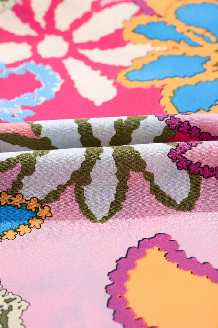 Brightly Colored Abstract Floral Print Lace Trimmed Ruffle Sleeve Blouse