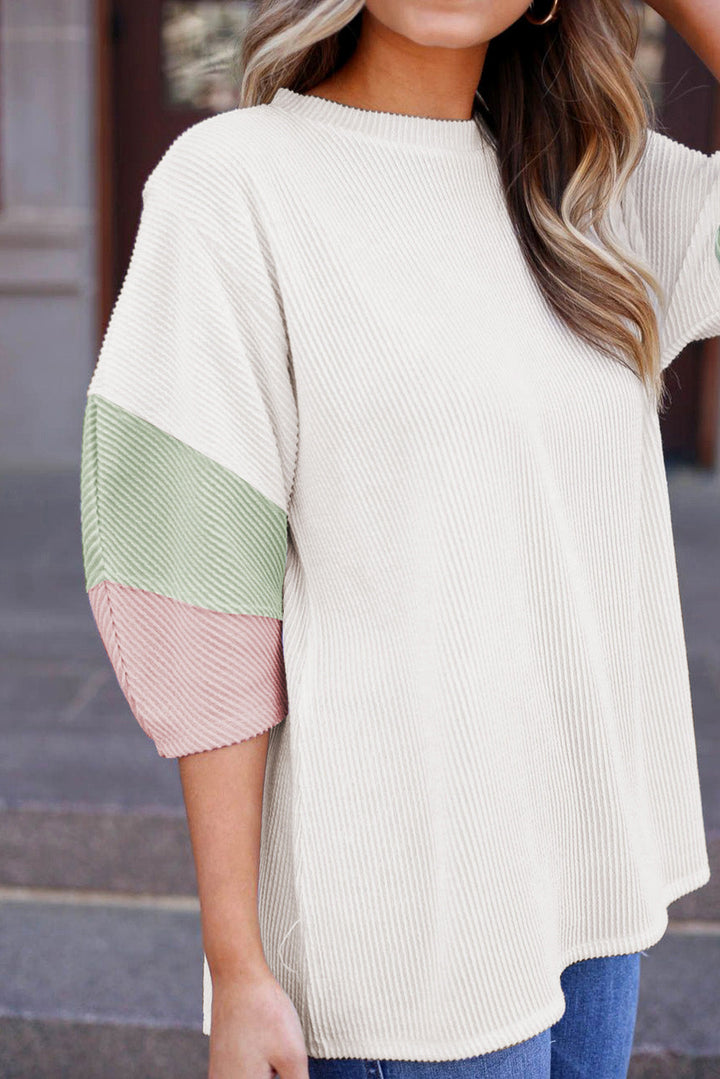 White Three-Quarter Sleeve Textured Ribbed Color Knit Top