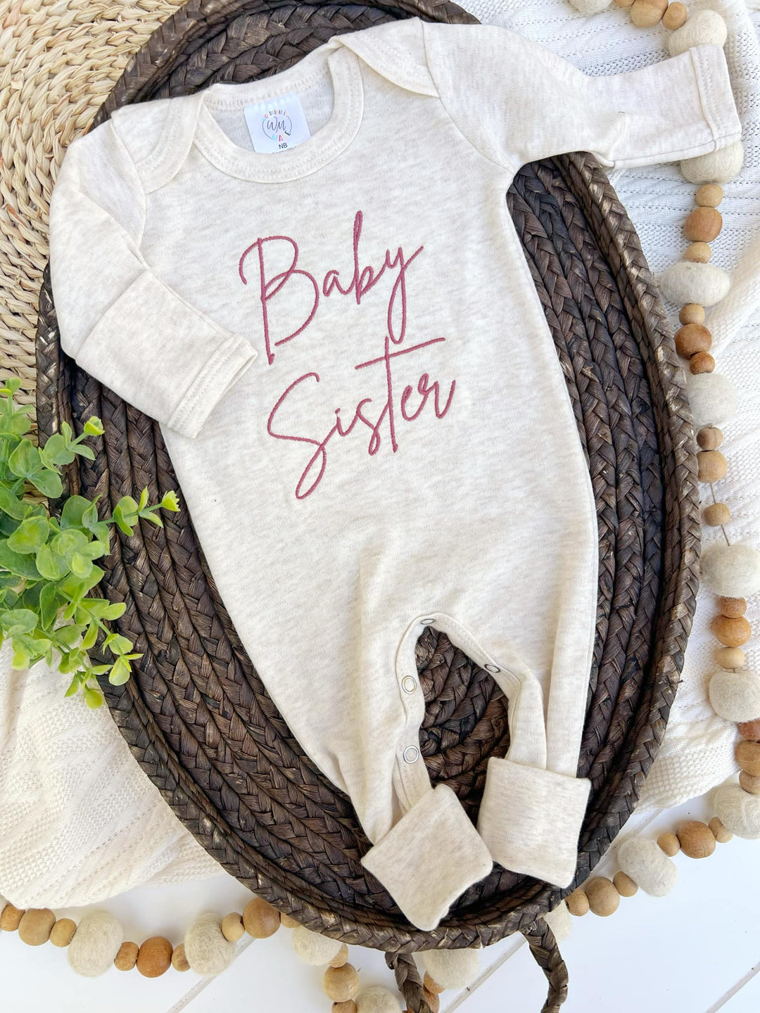 "Baby Sister" — Embroidered Oatmeal Onsie🎀