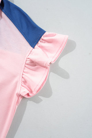 Petal Pink Color Block Half Buttoned Ruffled Short Sleeve Blouse