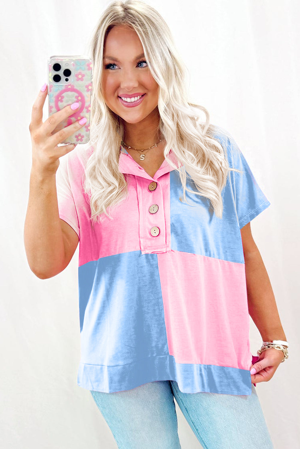 Pink and Blue Color Block 3/4 Button Short Sleeve Blouse
