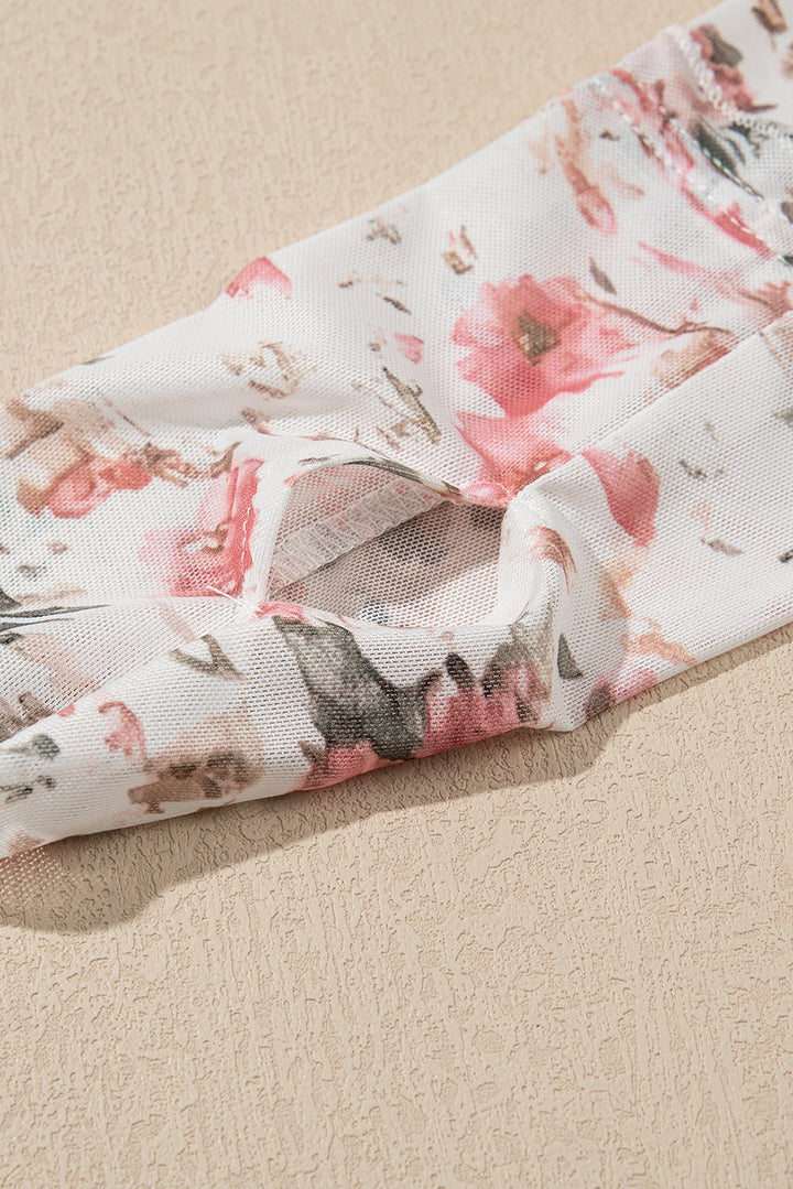 White Floral Long Sleeve High Neck Sheer Top